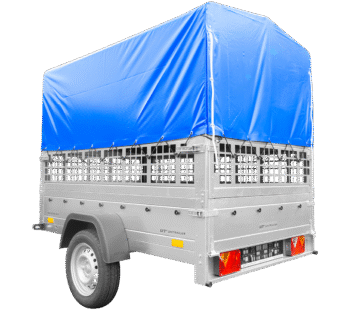 Remorque neuve  Garden Trailer 201 KIPP 500 kg 200×125 cm [avec bâche haute bleue, arceau, ridelles grillagées et roue jockey]