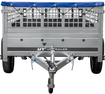 Remorque sans frein 230×125 avec bâche plate bleue, ridelles grillagées et roue jockey – Garden Trailer 230 KIPP